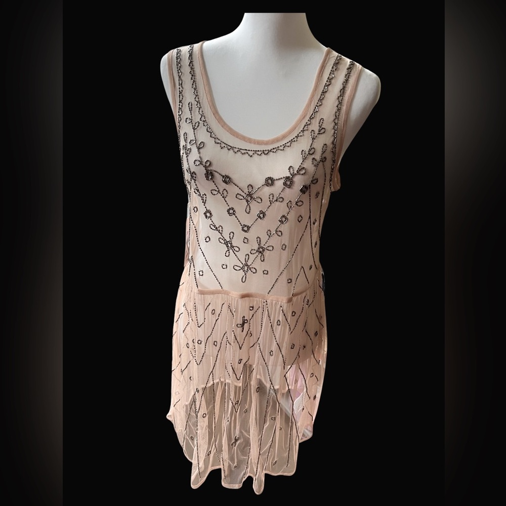 Sheer, pink, beaded mini dress/top